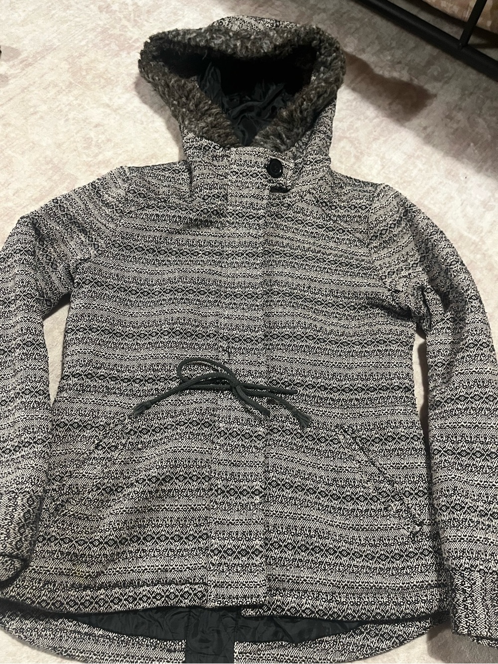 Black and White Patterned Hooded Jacket with Faux Fur Trim